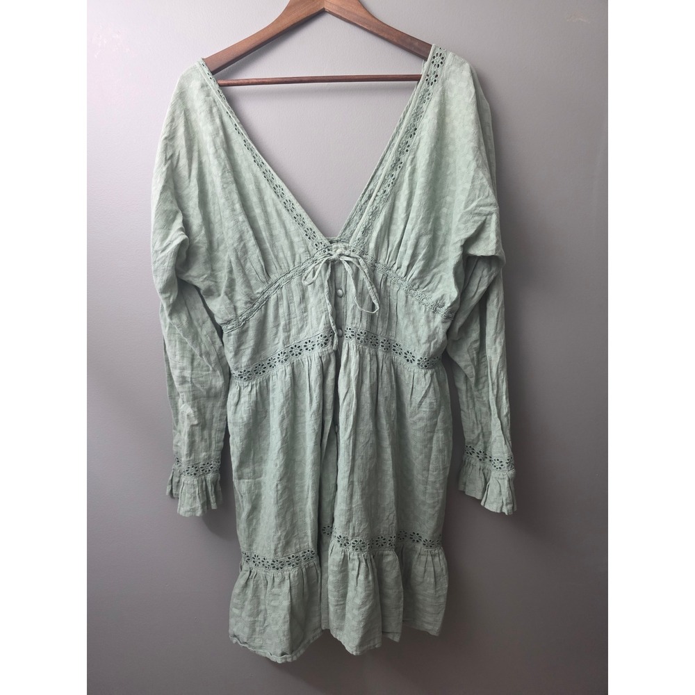 ASOS Design Sage Green Eyelet Lace Dobby Mini Dress Long Sleeve Boho 10